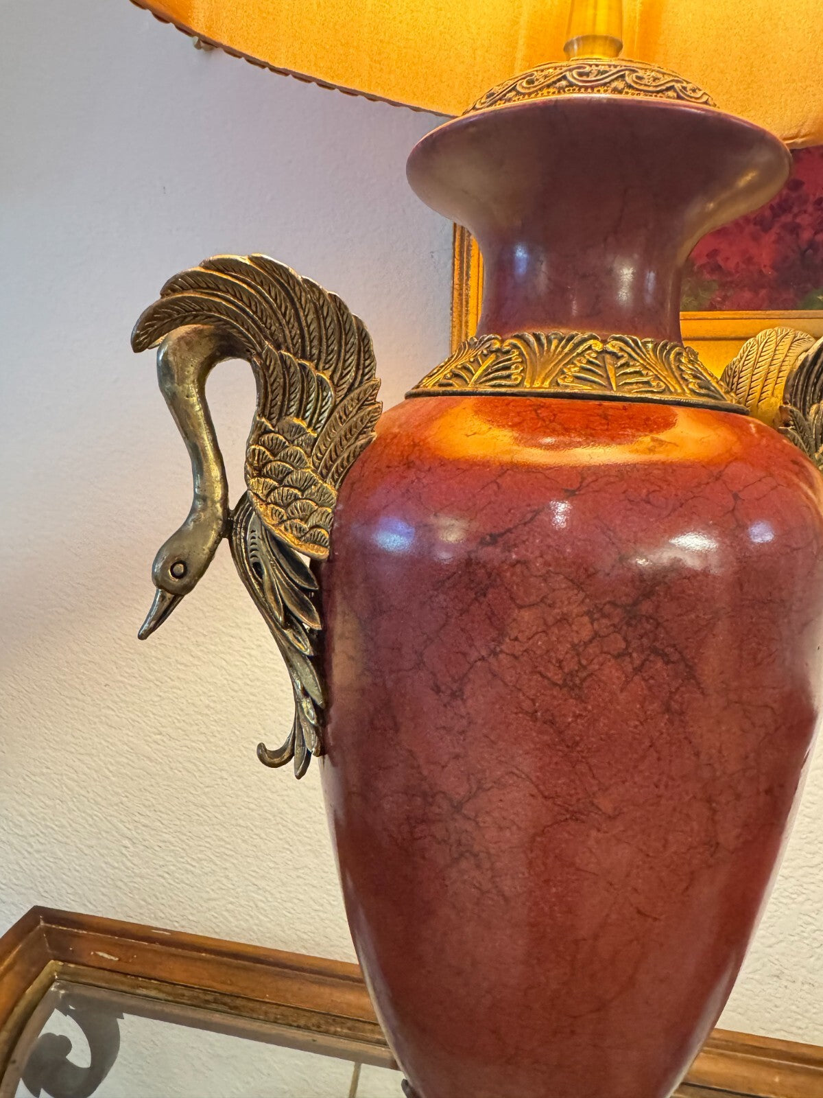 Vintage Ornate Brass Swan Handle Table Lamp – 33” Tall with Red Shade,