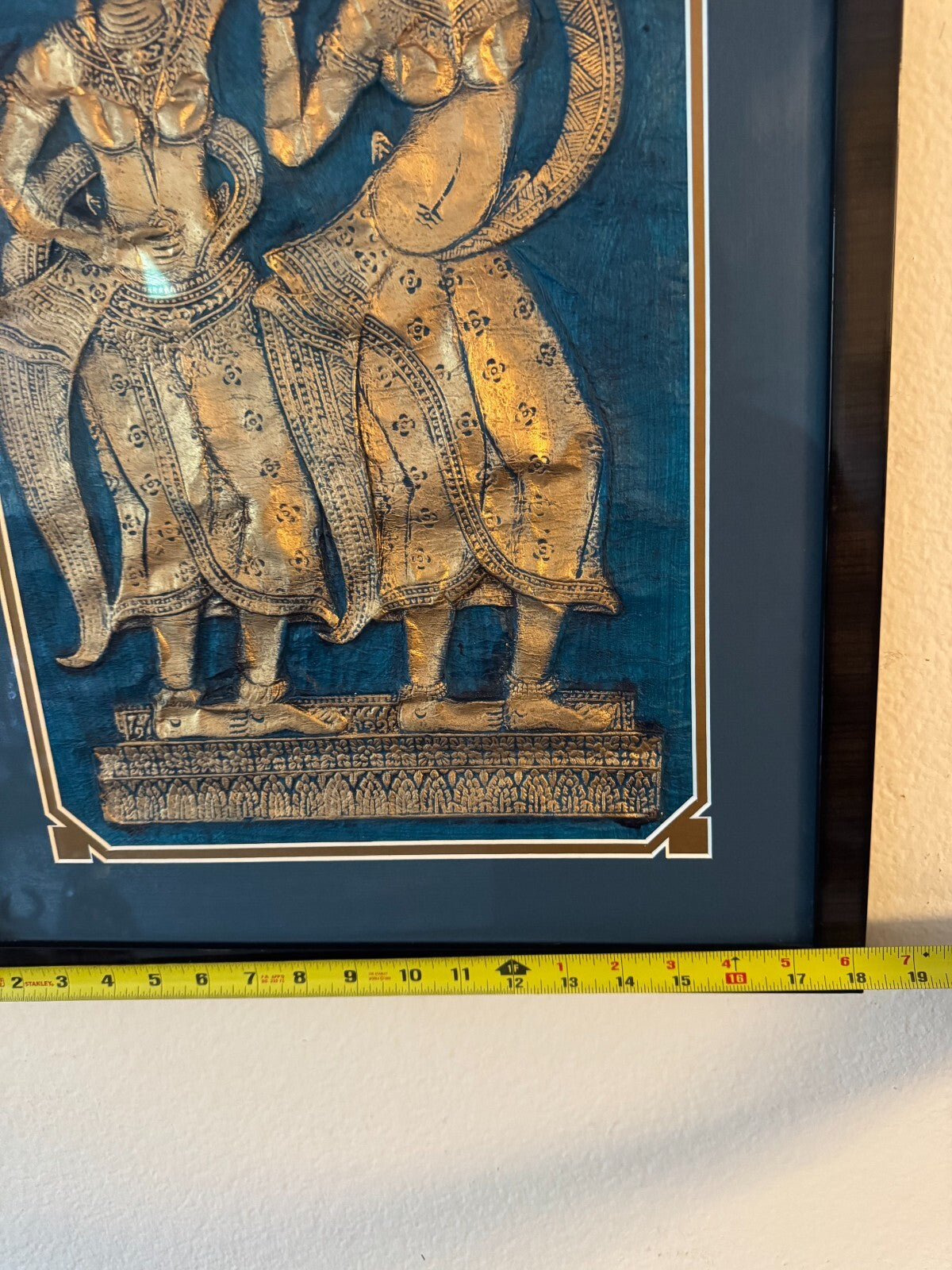 Framed Thai Embossed Artwork – Apsara Dancers in Gold on Blue Background, 25”x18