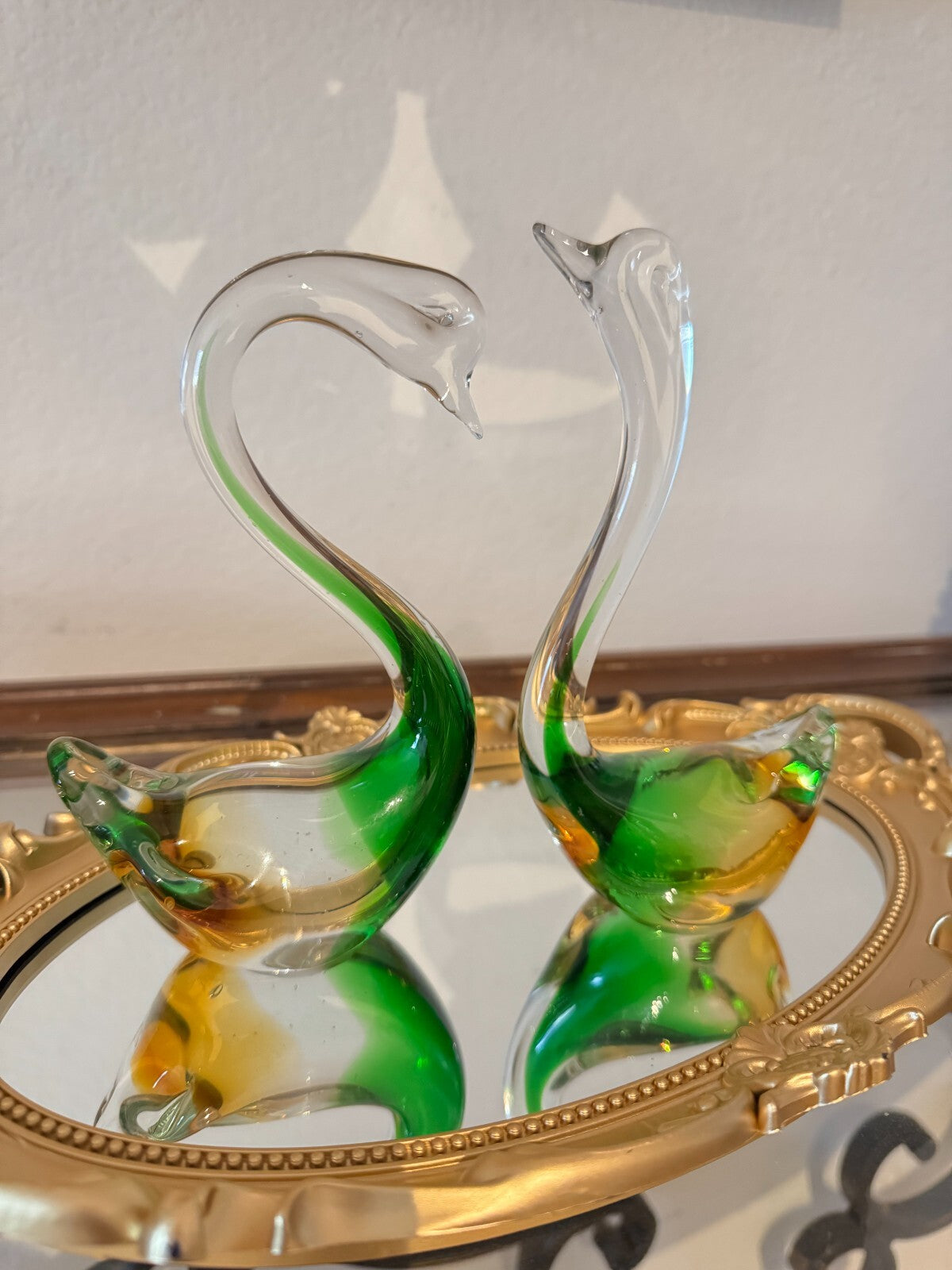 Vintage Murano Verti Blown Art Glass Swan Bird Figure Green Yellow Italy Tall 7.