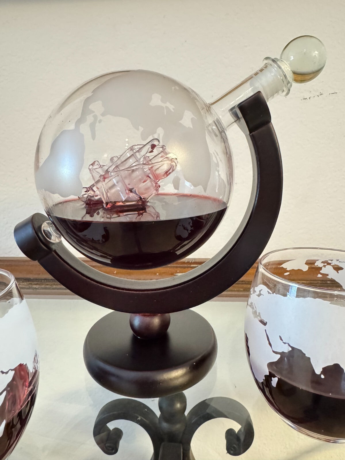 Whiskey Decanter Globe Set with Ship Inside + 2 Etched Glasses – World Map