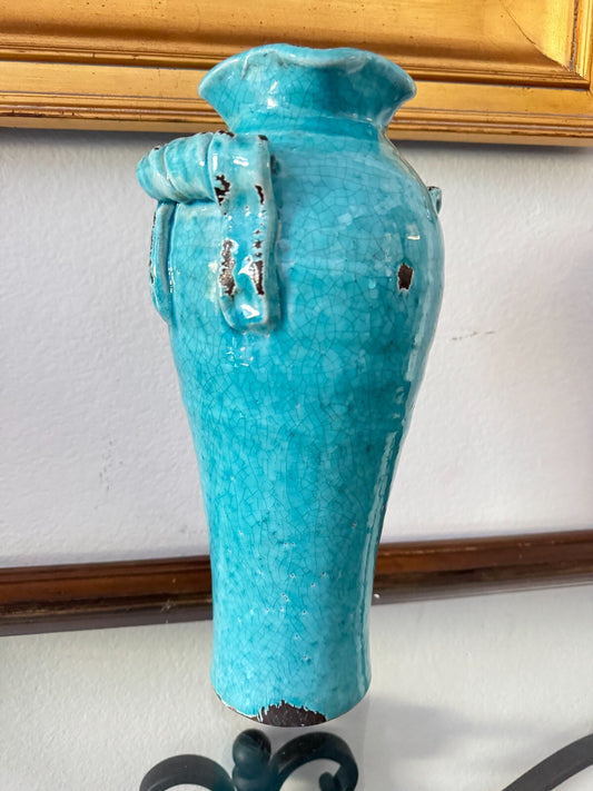 Vintage Heavy Metal Vase – Distressed Turquoise Crackle Glaze, 13” Tall
