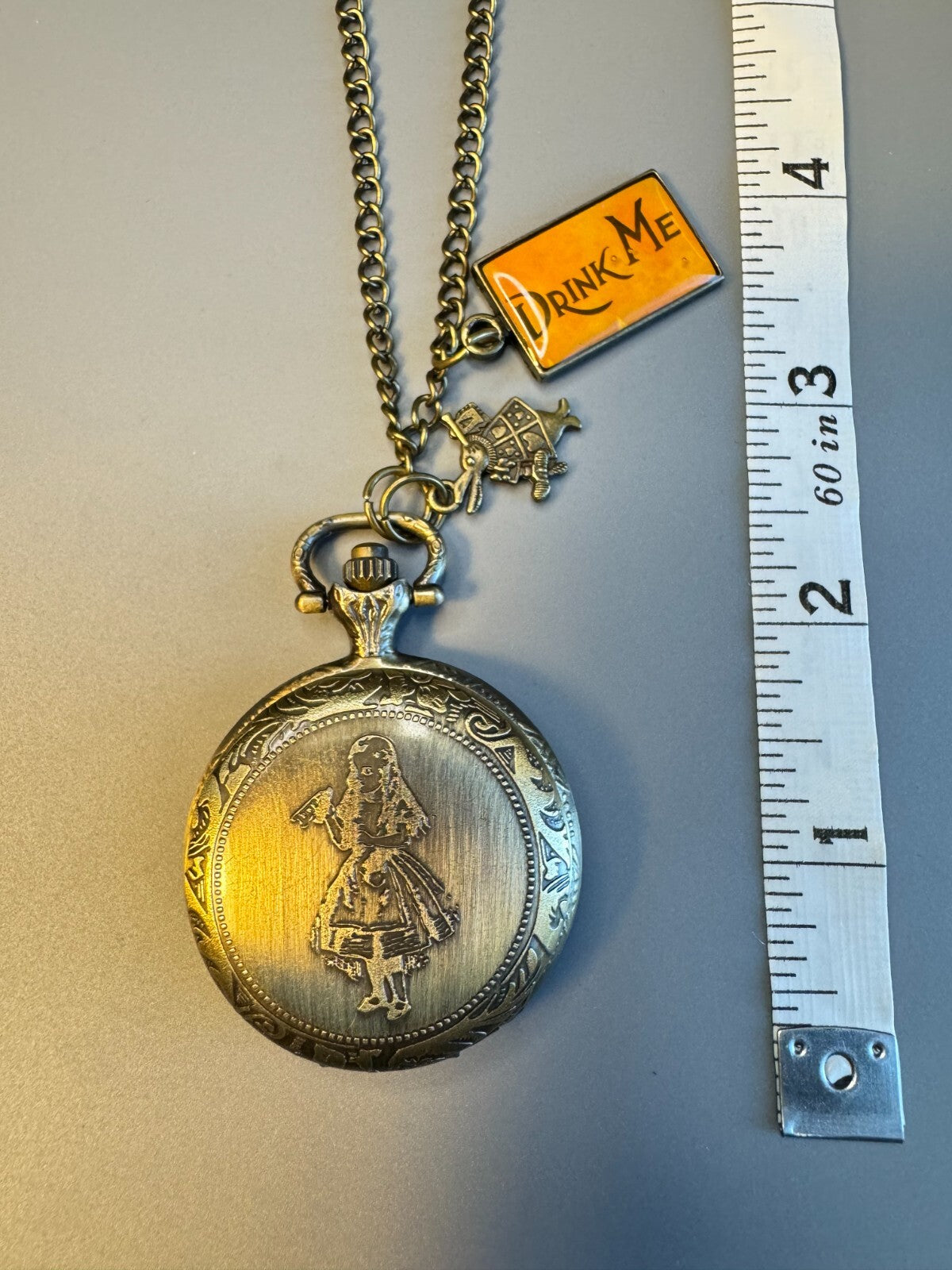 Alice in Wonderland Vintage Style  Brass Watch With Chain Toy Collectible