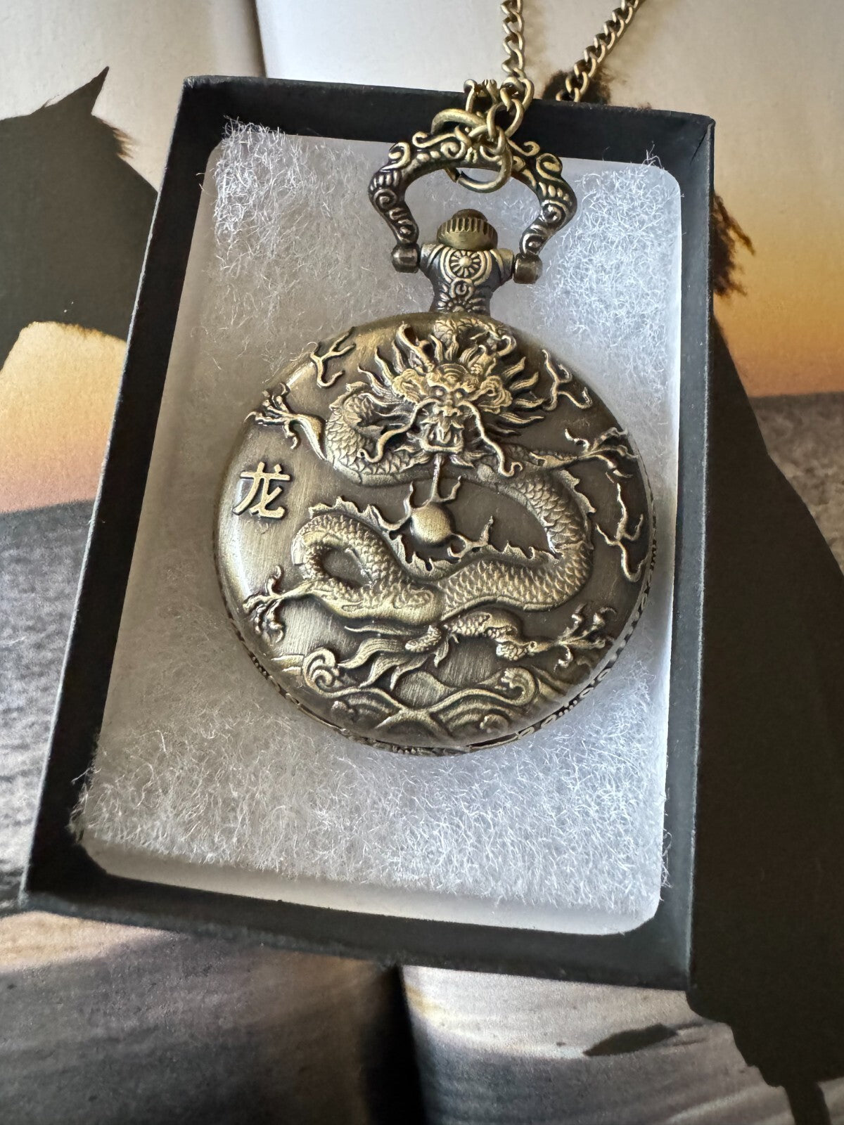 Chinese Dragon Pocket Watch with Chain – Quartz Movement – Gift Box Included