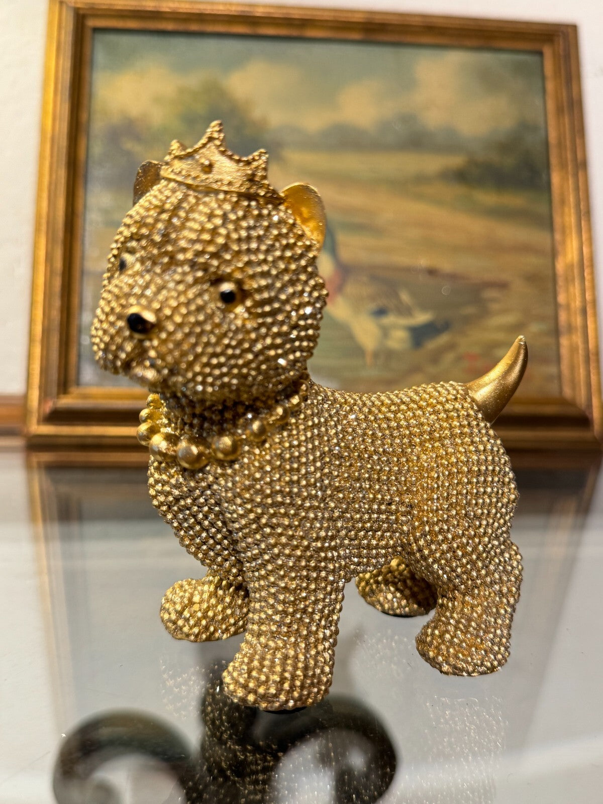 Luxury Rhinestone Dog Figurine with Crown & Necklace – Sparkling Resin Decor