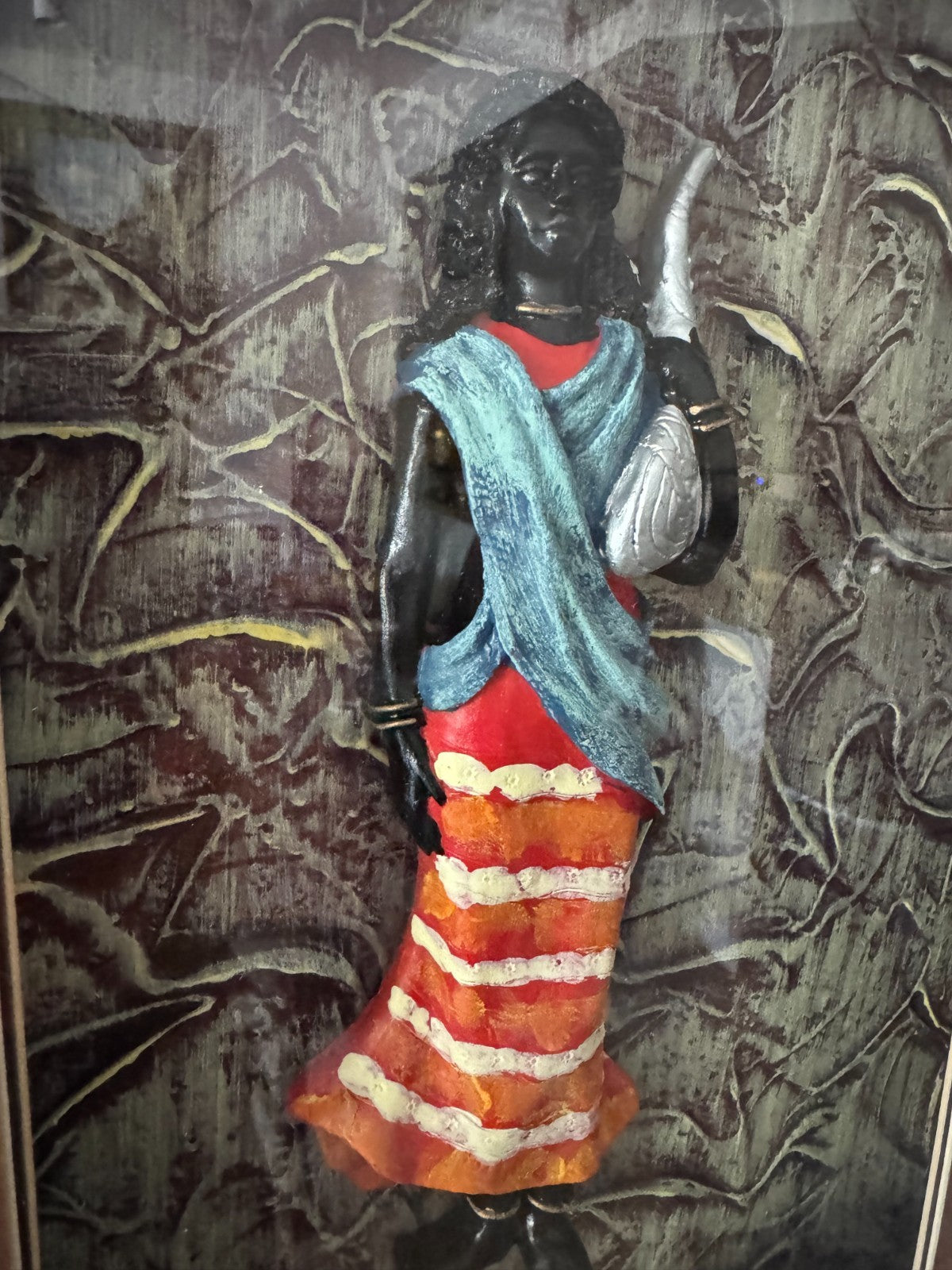 Framed 3D African Wall Art – Woman in Traditional Dress – Mixed Media Shadow Box