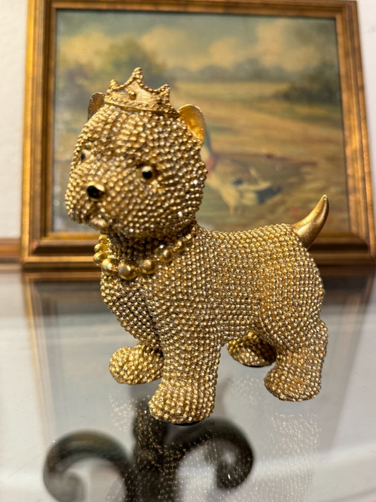 Luxury Rhinestone Dog Figurine with Crown & Necklace – Sparkling Resin Decor