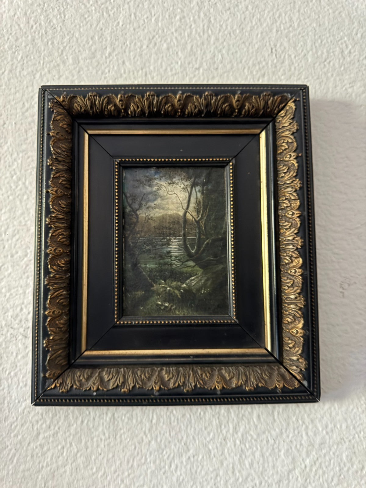 Antique Framed Oil Painting – Woodland River Landscape – Ornate Black & Gold Fra