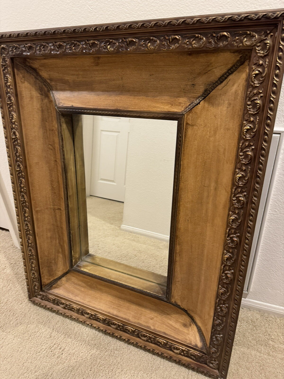 Antique Large Mirror Unique Handmade Wood And Leather Frame 43/34”