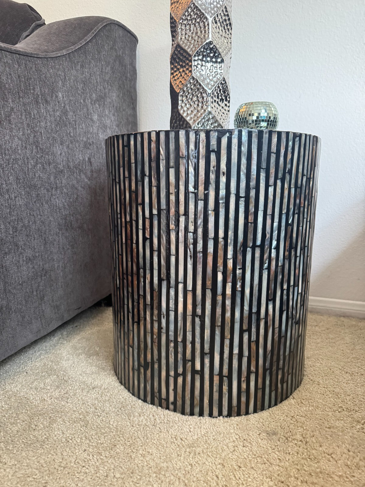 Modern Mother of Pearl Mosaic Style Drum Side Table  Resin 18”Hx16” Accent Table