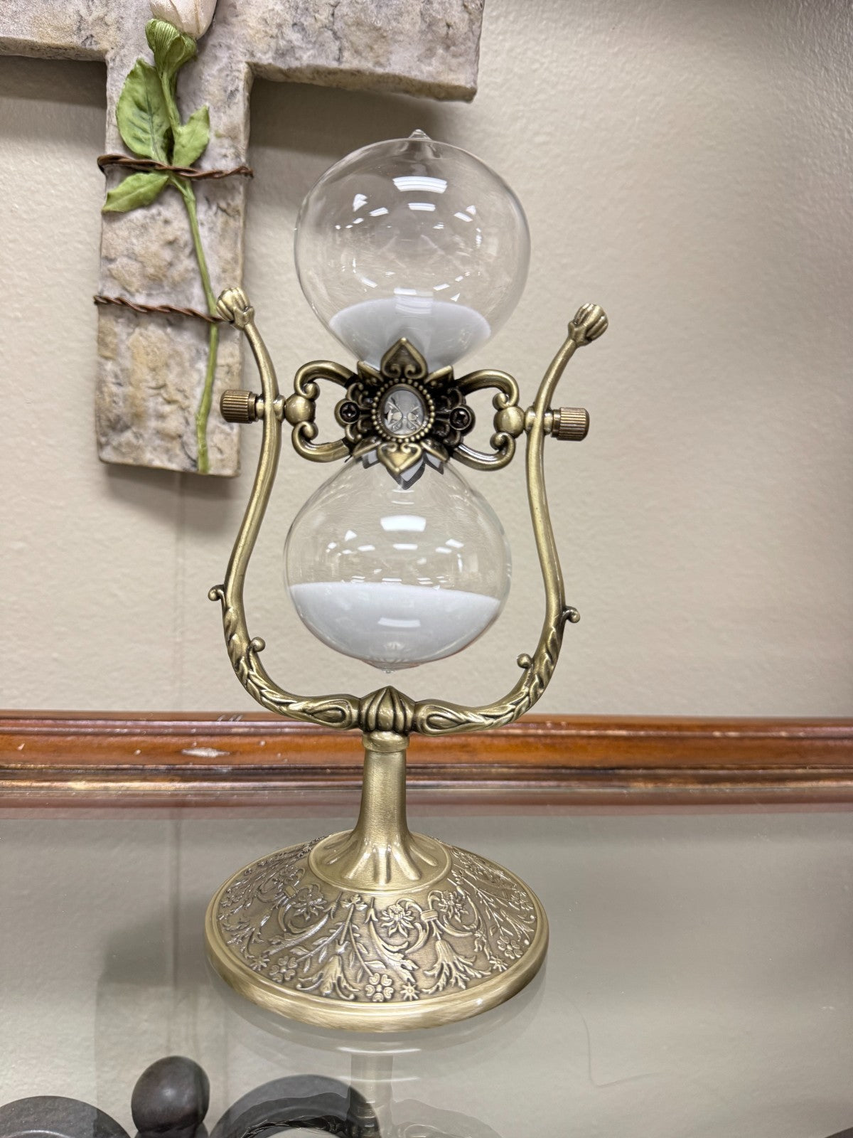 Gold Hourglass Timer with Ornate Enamel Base – 8” Decorative Sand Timer