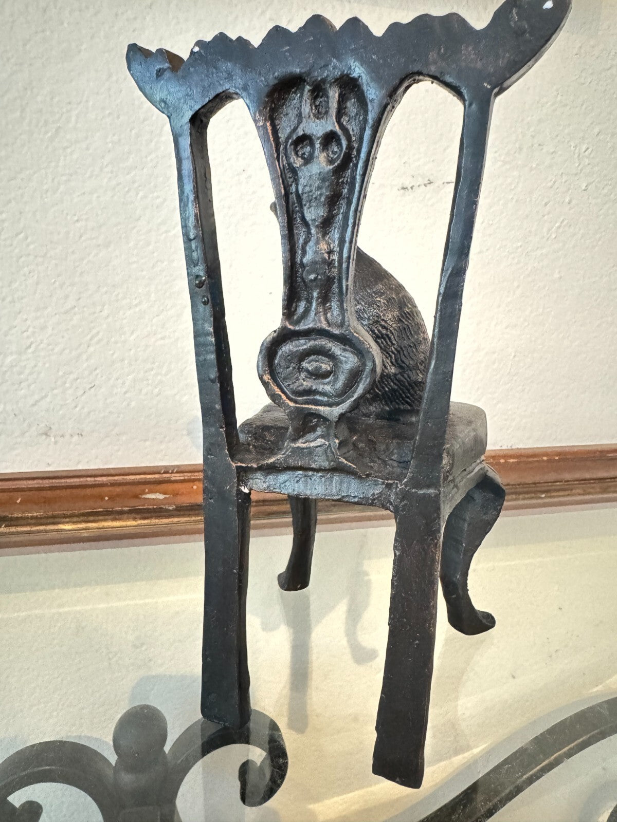 Rear Vintage Bronze Kitten on a Chair Sculpture  Tall 8