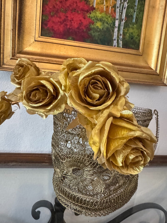 6pcs Gold Rose Artificial Flowers, Polyester, Home Decor, Tabletop Display,