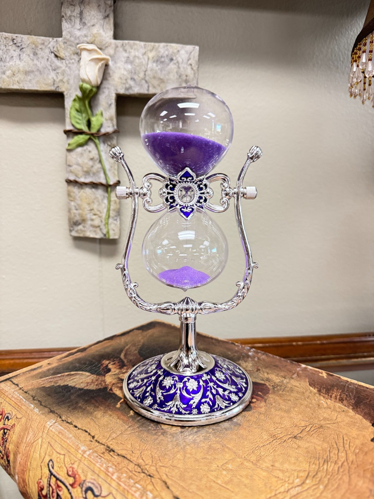 Purple Hourglass Timer with Ornate Enamel Base – 8” Decorative Sand Timer