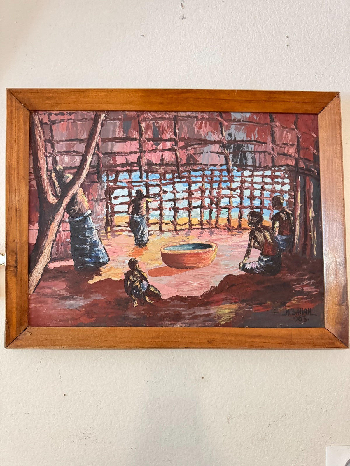 Vintage African Tribal Interior Painting Signed M. Sallah 1963 – Framed 21”x27”