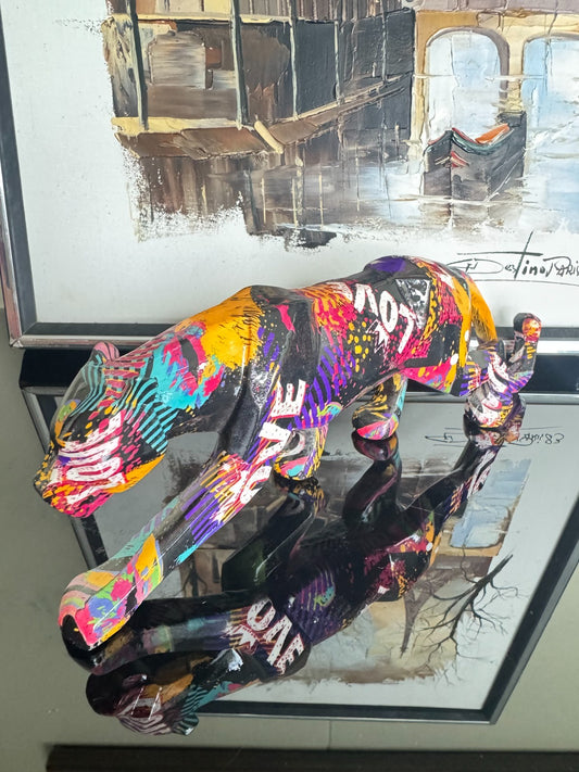 Colorful Abstract Panther Figurine – Modern Pop Art Resin Sculpture, 10” Long