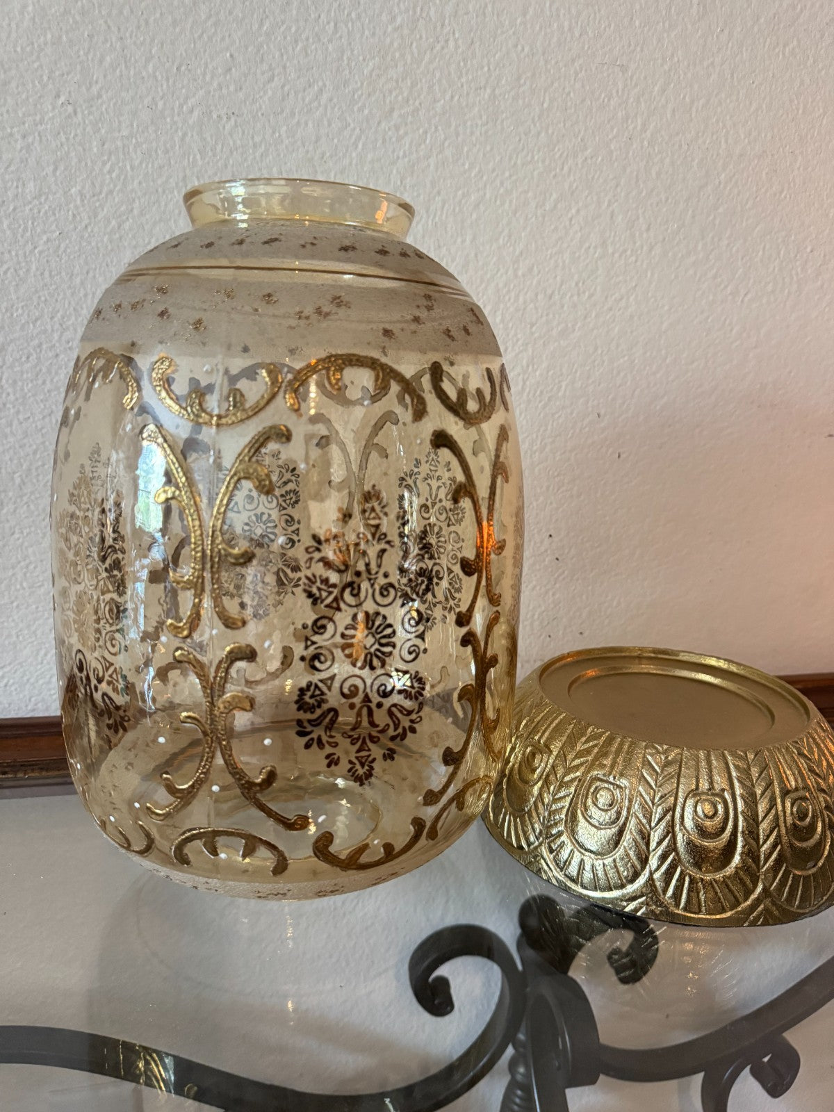 Glass Hurricane Candle Holder with Gold Embossed Pattern Tall 14