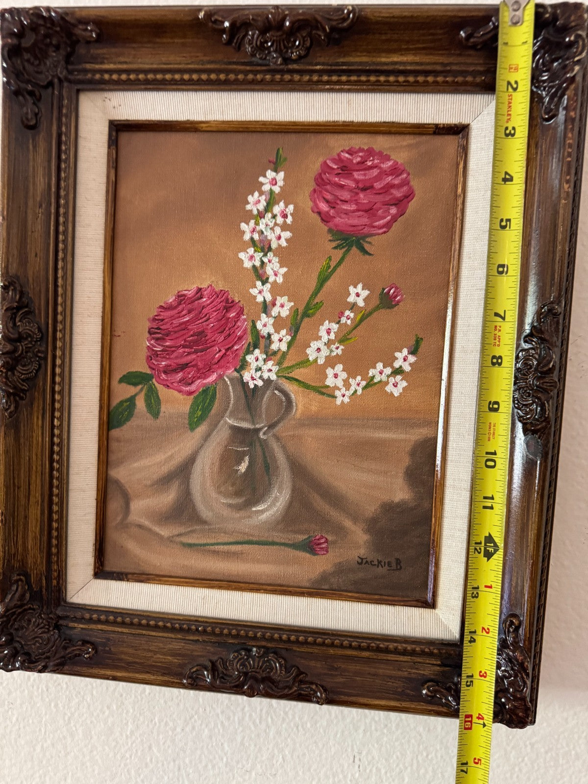 Vintage Floral Still Life Painting by Jackie B Original Oil on Mid-20th 16”x13”