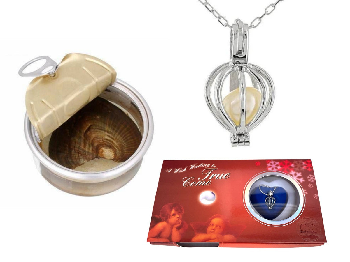 Make a Wish Pearl Necklace Gift Set – Real Oyster with Pearl & Cage Pendant,