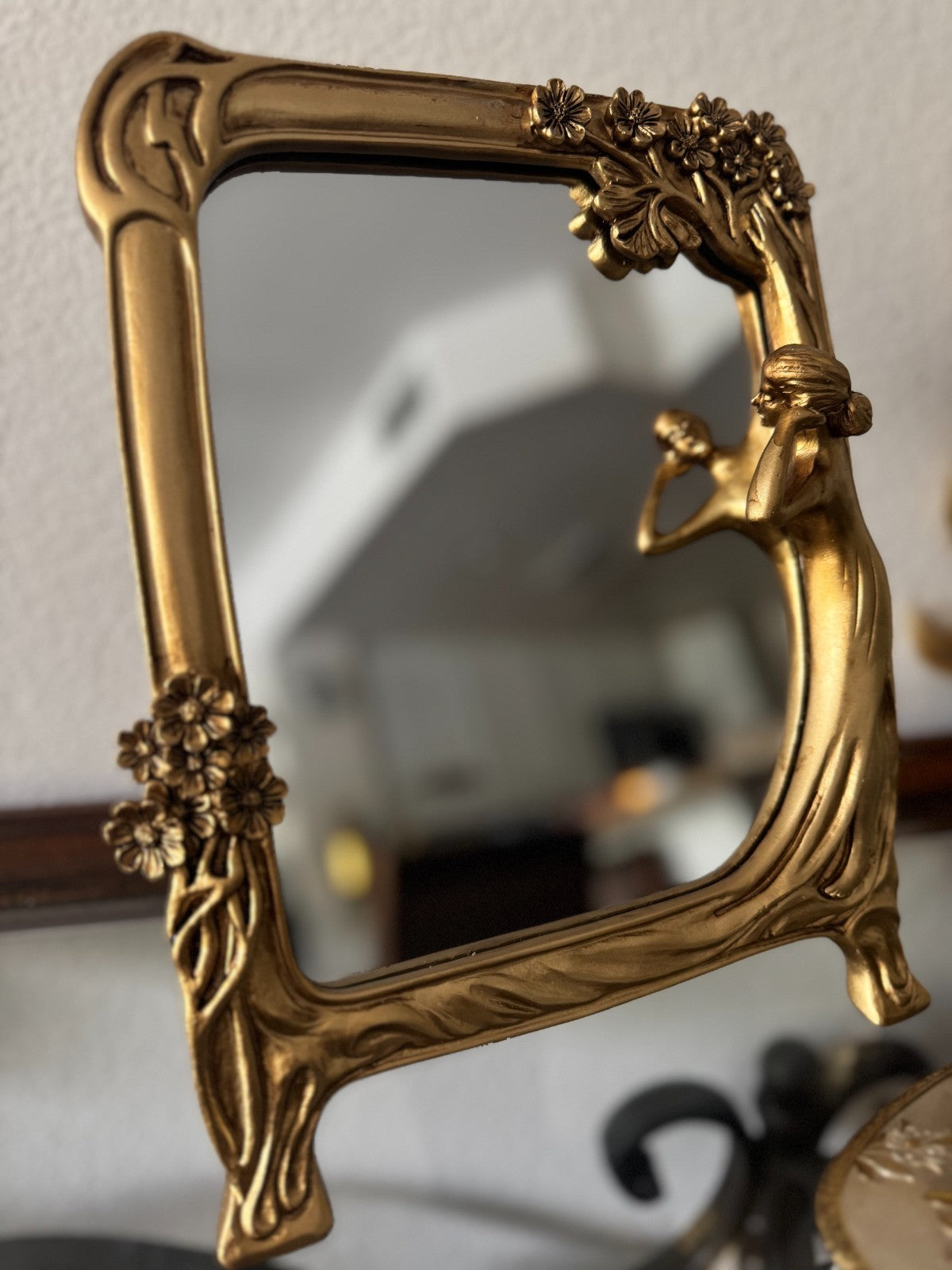 Art Nouveau Style Gold Resin Vanity Mirror – Woman & Floral Frame – 8” x 11”