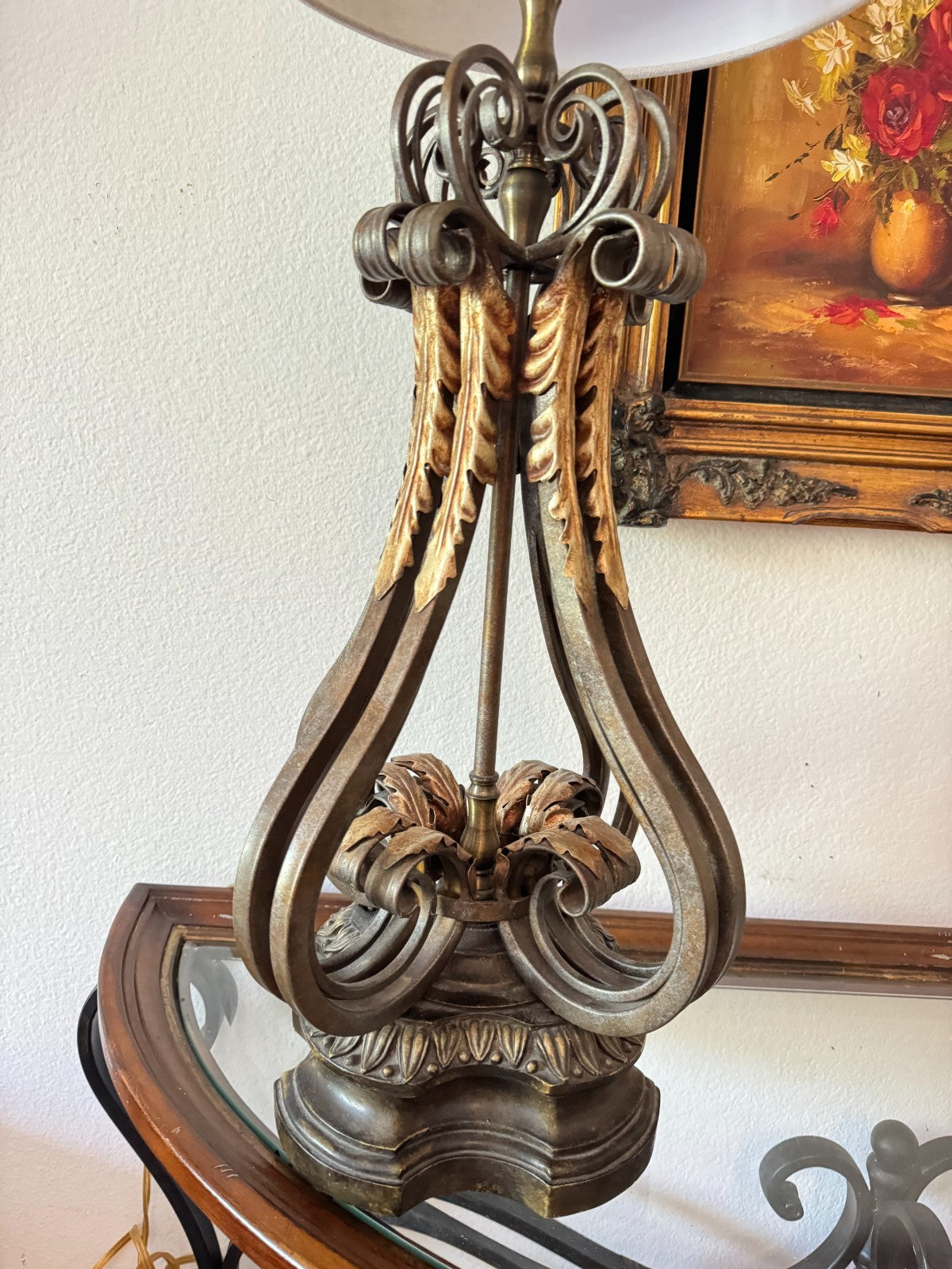 Vintage Metal Stiffel Candelabra Lamp With Ornate Leaf Detailing & Fabric Shade