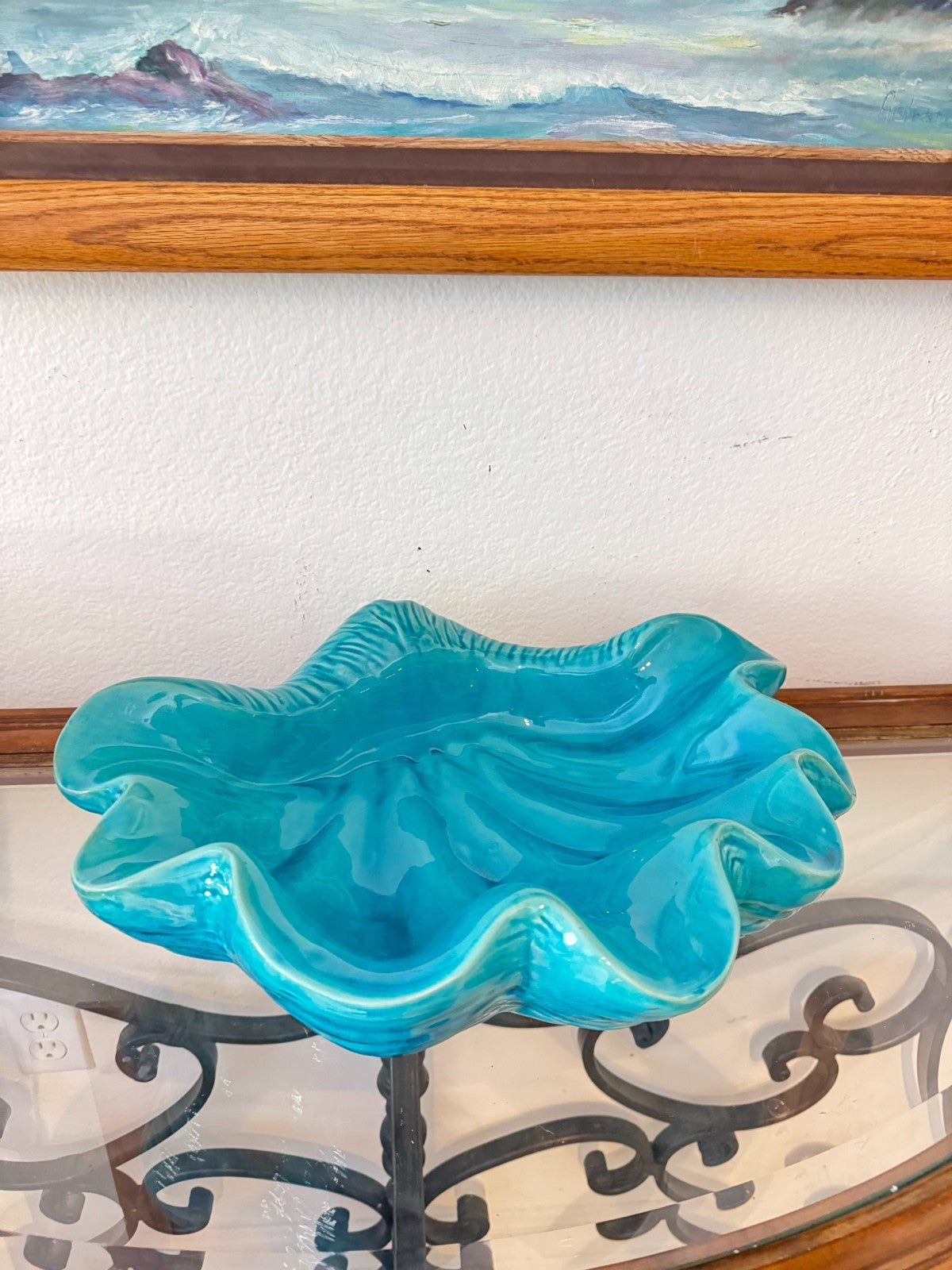 Large Turquoise Ceramic Clam Shell Bowl | Marine Style  16”
