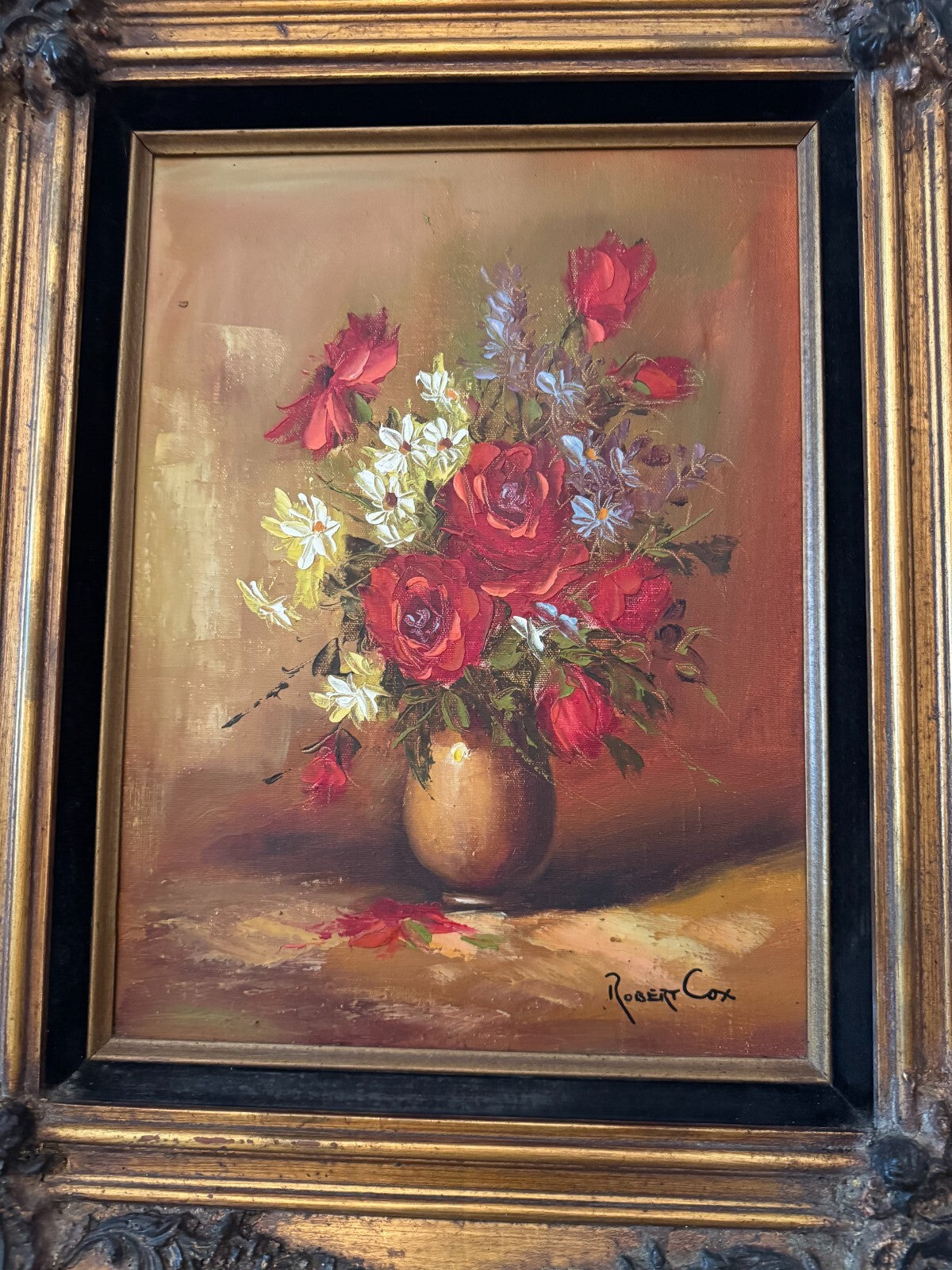 Vintage Robert Cox Original Oil Painting Floral Handcrafted Wooden Gold Frame