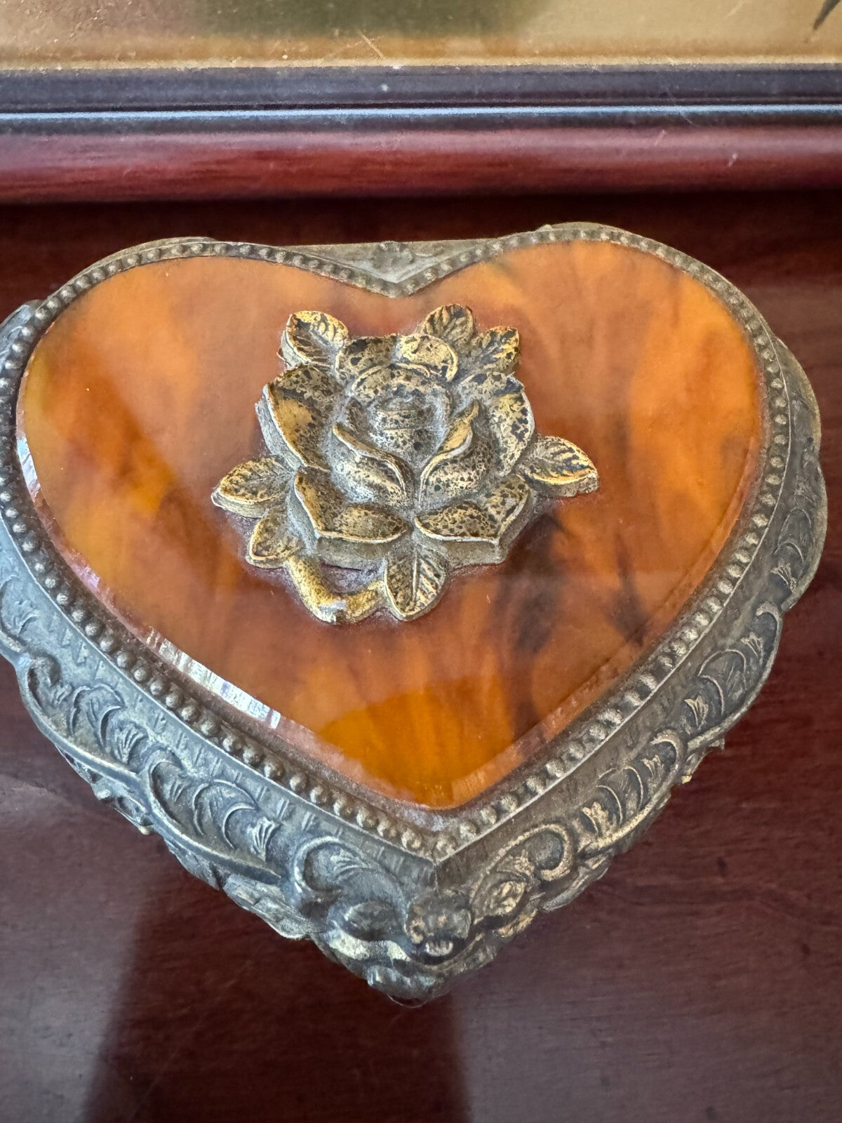 Vintage Heart-Shaped Musical Jewelry Box – Ornate Floral Metal with Amber-Look