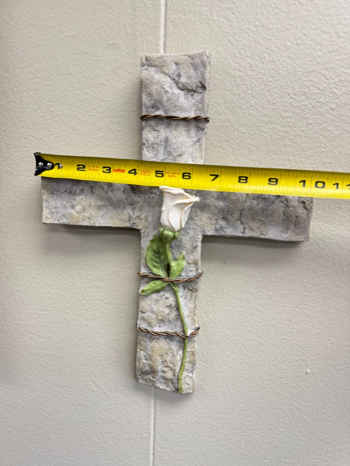Decorative Wall Cross with White Rose & Wire Accent – 13” x 10” Stone Look