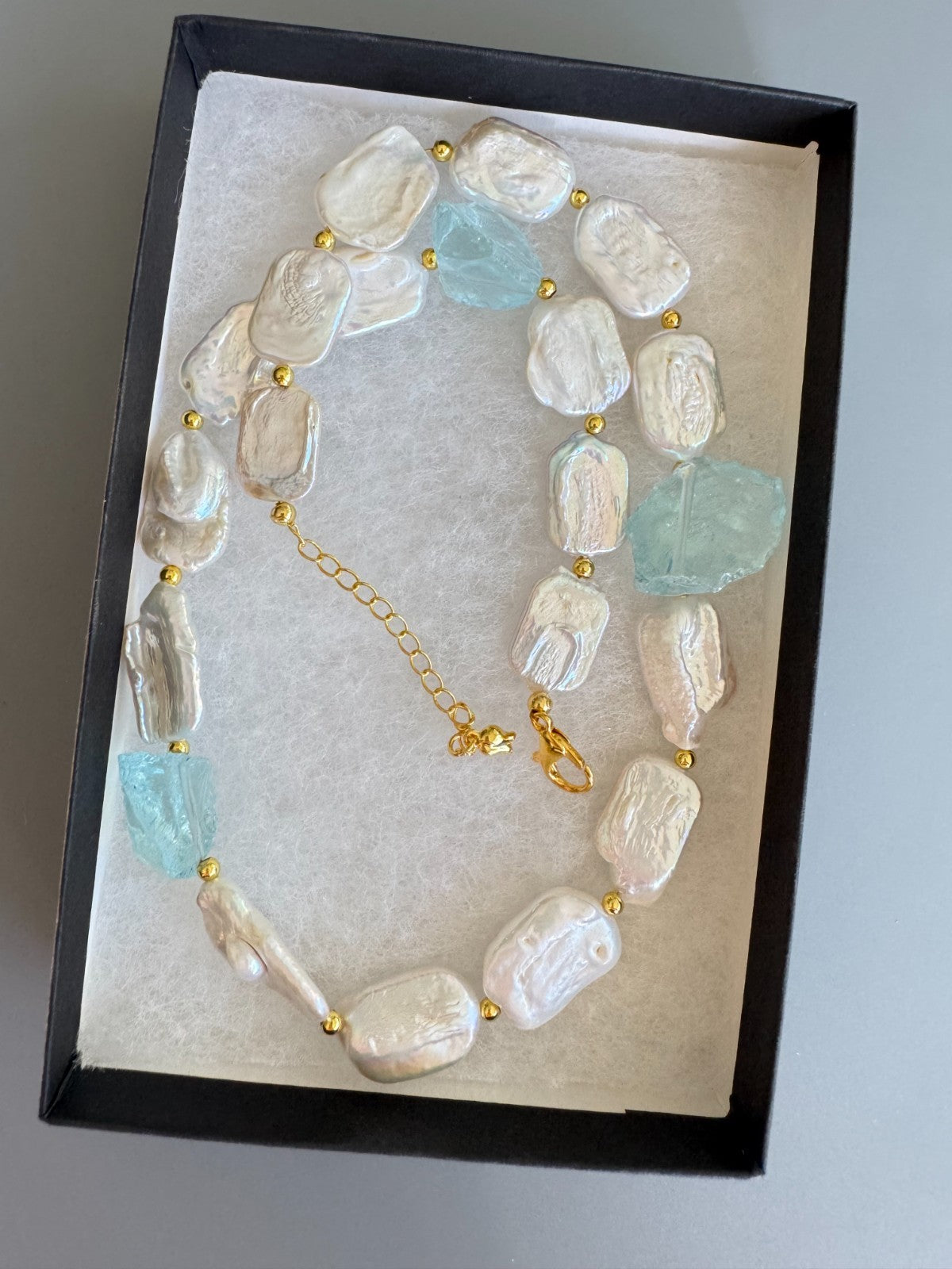 Natural Baroque Pearl & Raw Aquamarine Gemstone Necklace – 18” Adjustable, Handm