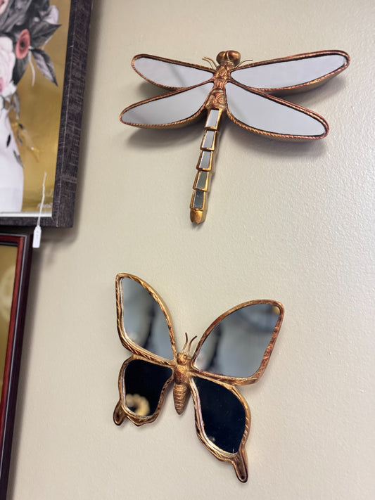 Set of 2 Resin Wall Mirrors – Dragonfly & Butterfly Insect Design, Gold Finish,