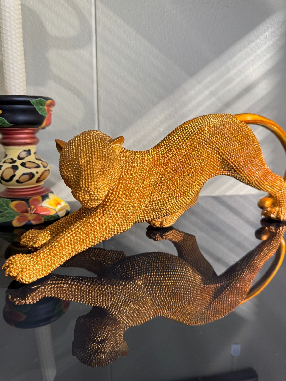 Sparking  Resin Panther Figurine – Stretching Big Cat Sculpture,  15” Long