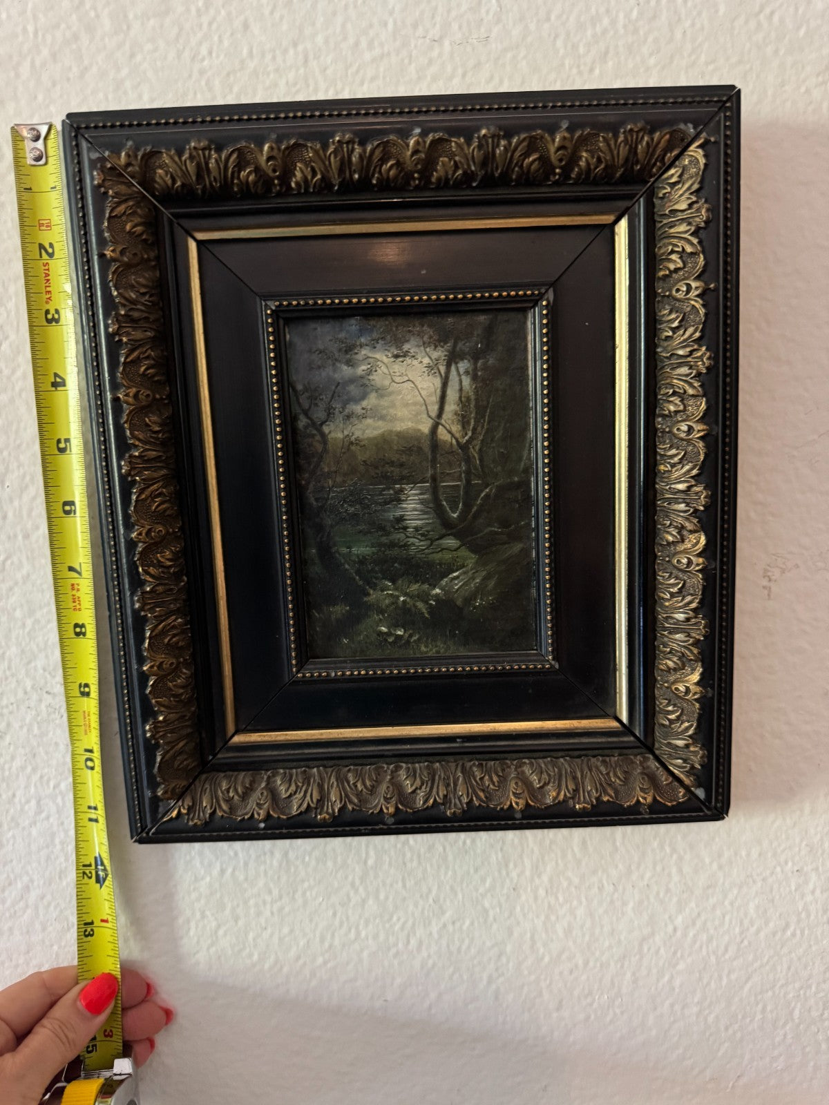 Antique Framed Oil Painting – Woodland River Landscape – Ornate Black & Gold Fra