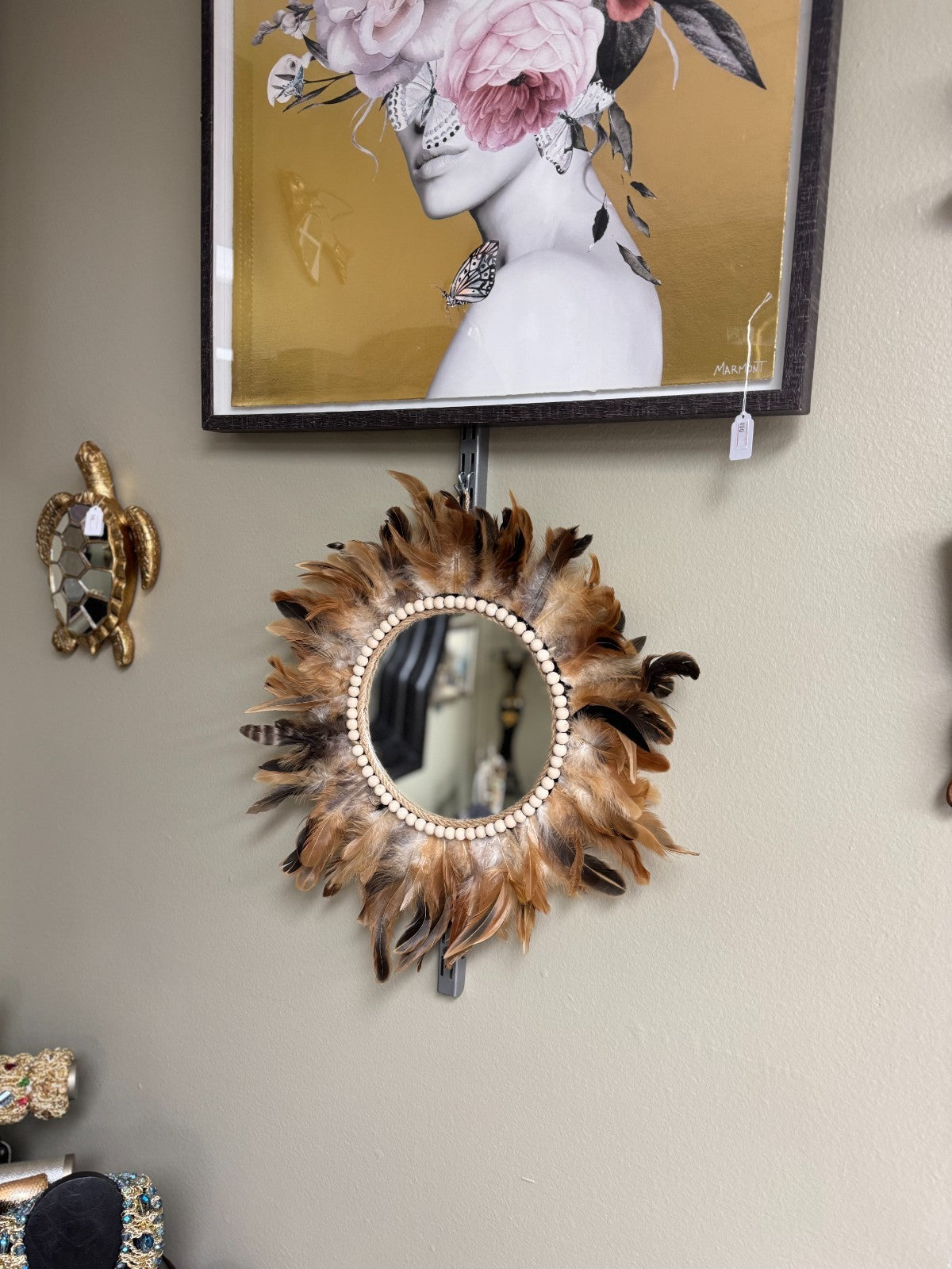 Boho Feather Sunburst Wall Mirror with Wood Beads – 15” Brand New