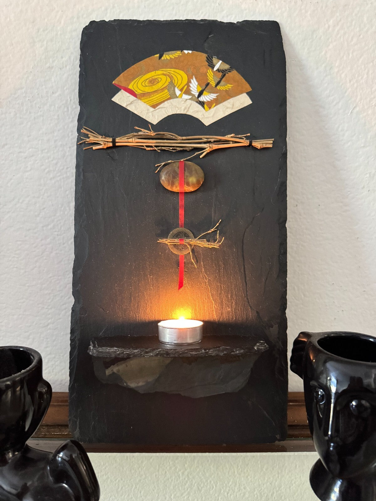 Handcrafted Slate Wall Art with Candle Holder – Japanese Zen Stone Decor