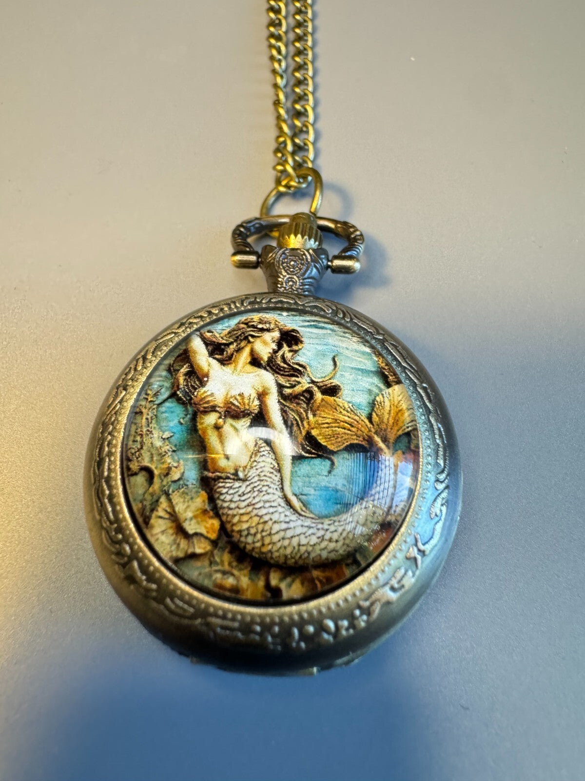 Mermaid Vintage Style  Brass Watch With Chain Toy Collectible