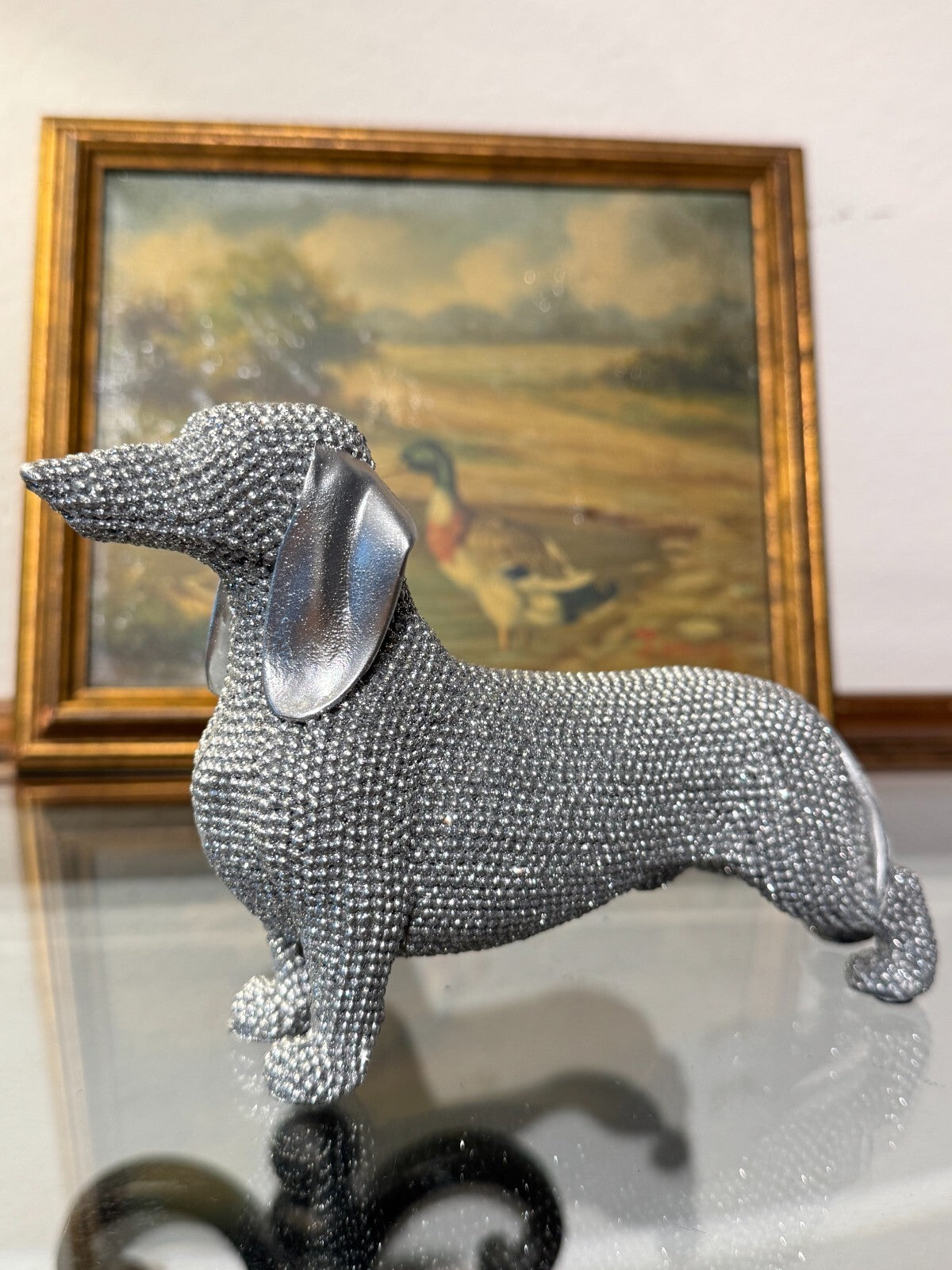 Elegant Silver  Beaded Dachshund Dog Figurine – Decorative Sculpture, 6 Long