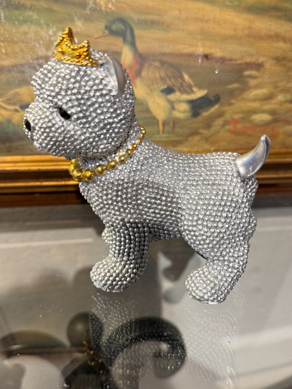 Luxury Rhinestone Dog Figurine with Crown & Necklace – Sparkling Resin Decor
