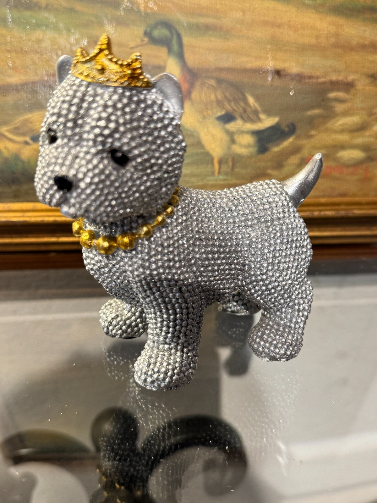 Luxury Rhinestone Dog Figurine with Crown & Necklace – Sparkling Resin Decor