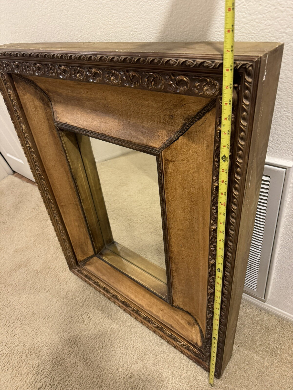 Antique Large Mirror Unique Handmade Wood And Leather Frame 43/34”
