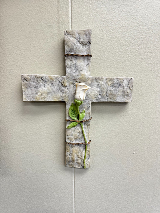 Decorative Wall Cross with White Rose & Wire Accent – 13” x 10” Stone Look