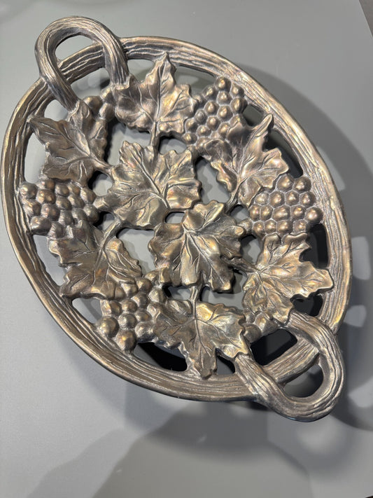 Vintage Metal Decorative Serving Tray with Grape & Leaf Motif - 12inches Handles