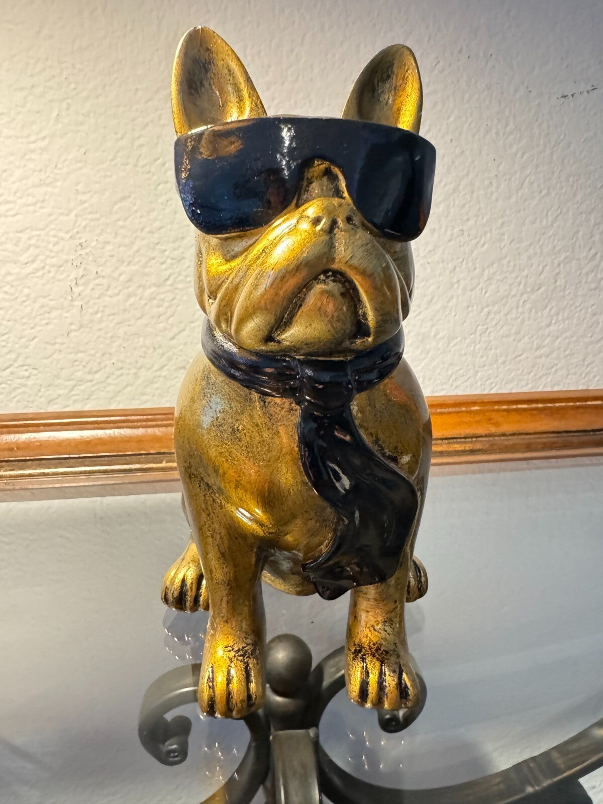 Gold Resin French Bulldog Figurine with Sunglasses & Scarf – Cool Modern Decor.