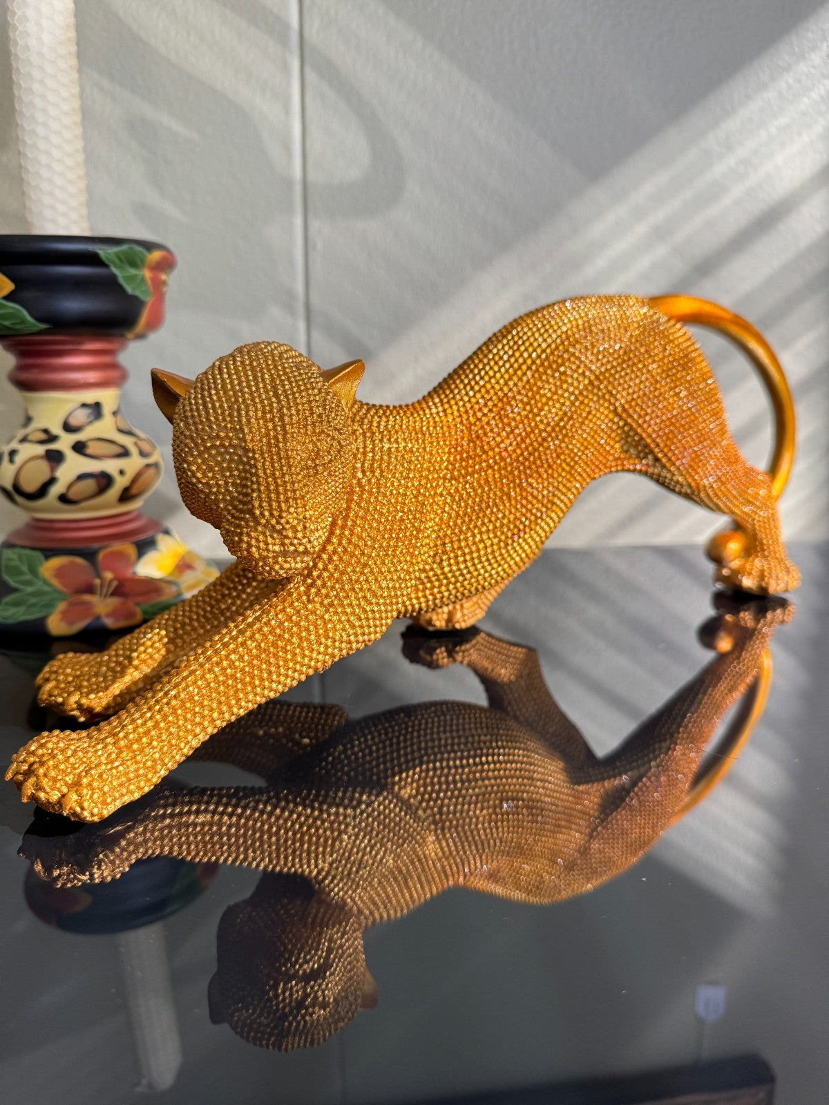 Sparking  Resin Panther Figurine – Stretching Big Cat Sculpture,  15” Long