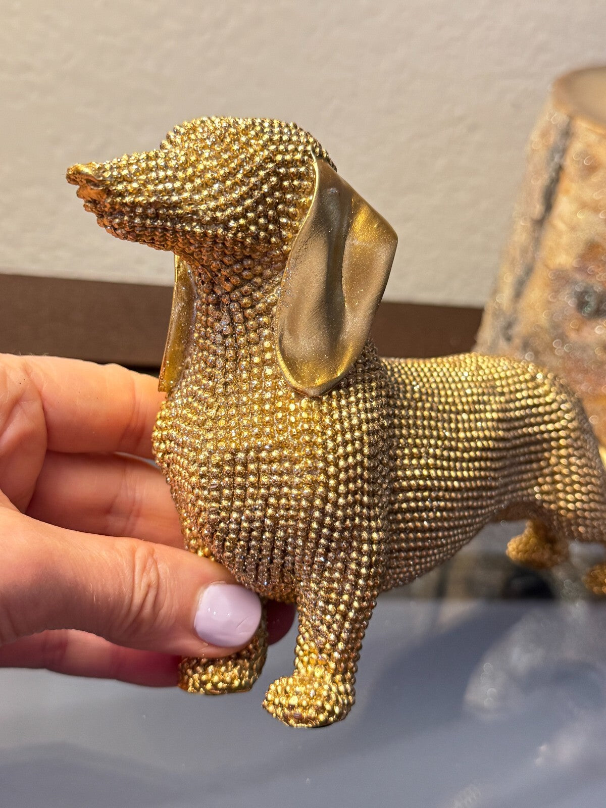 Elegant Gold Beaded Dachshund Dog Figurine – Decorative Sculpture, 6 Long