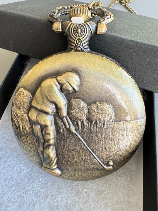 Bronze 3D Golfing Theme Golf Fob Pocket Watch Quartz Pocket Watch with 80cm/ 31.