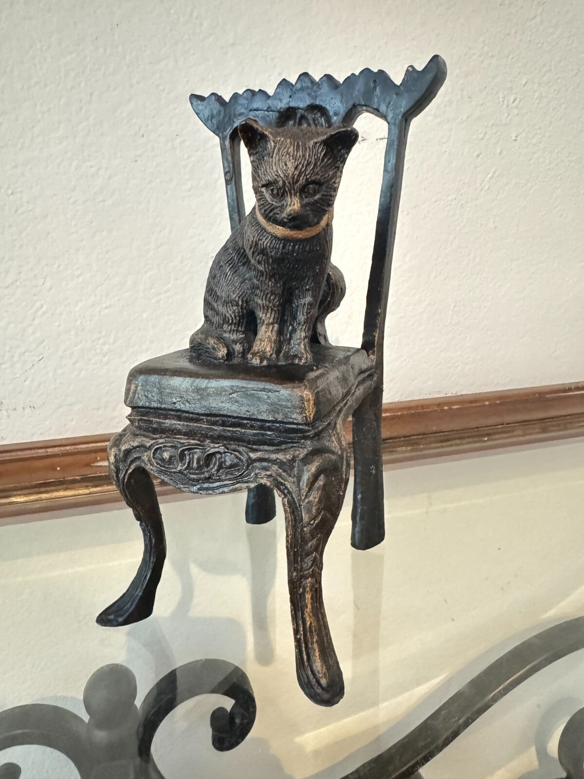 Rear Vintage Bronze Kitten on a Chair Sculpture  Tall 8