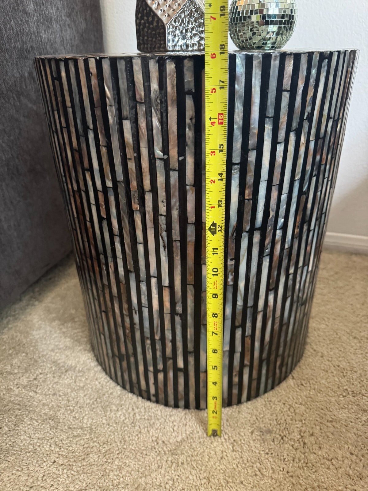 Modern Mother of Pearl Mosaic Style Drum Side Table  Resin 18”Hx16” Accent Table