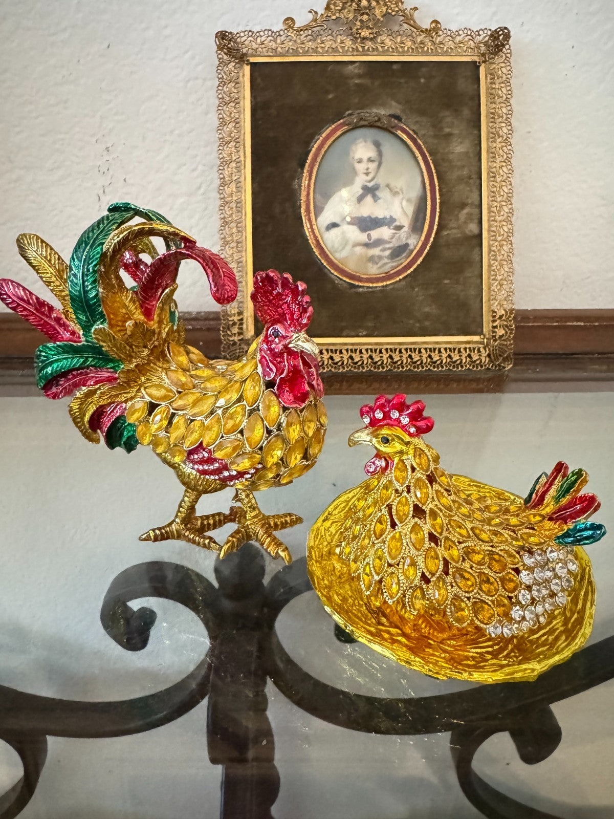Colorful Set Rooster & Hen Jeweled Trinket Box  – Hinged Jewelry Storage Figurin