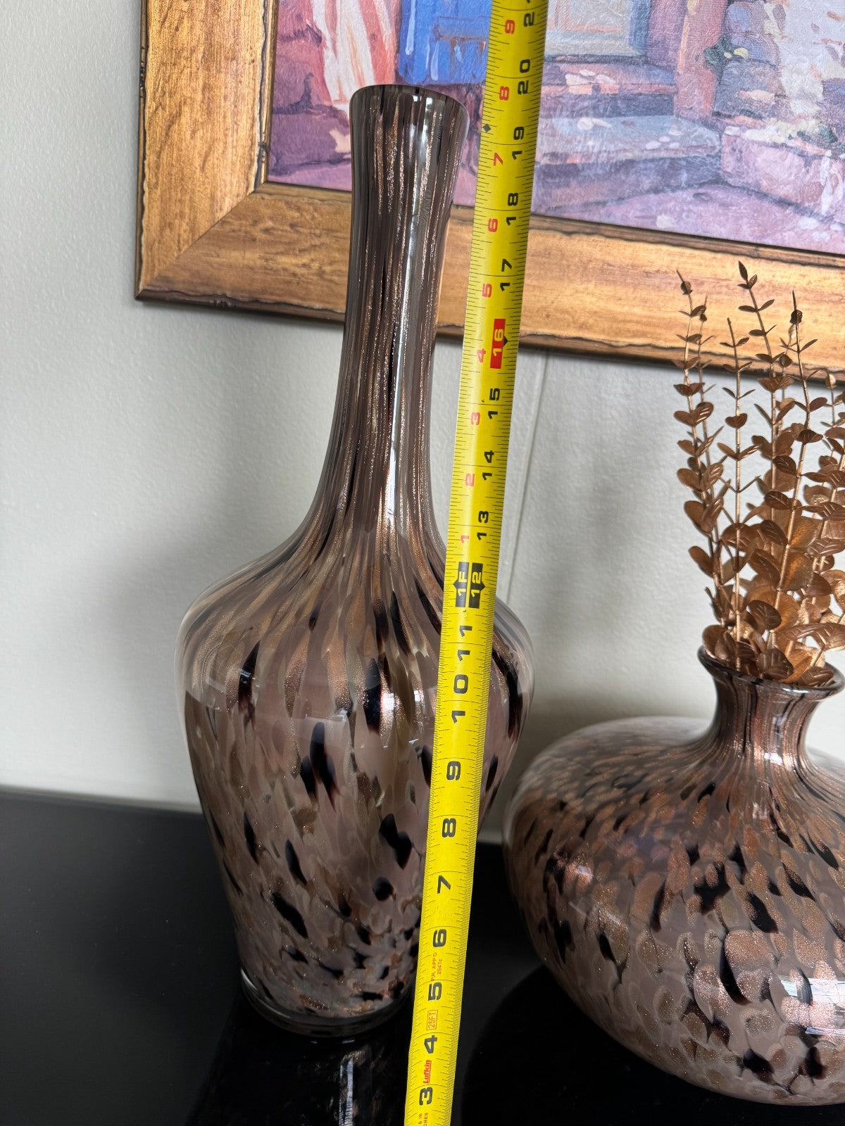 Set of 2 Handblown Art Glass Vases –  Modern Speckled Pattern Tall 20, 10in