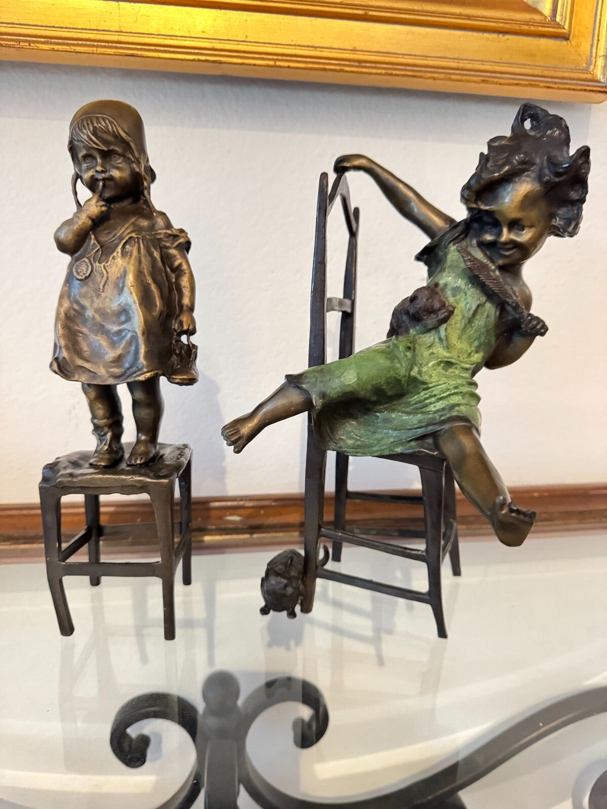 Pair of Original Bronze Sculptures by Juan Clara – Charming Girl Figures on Chai